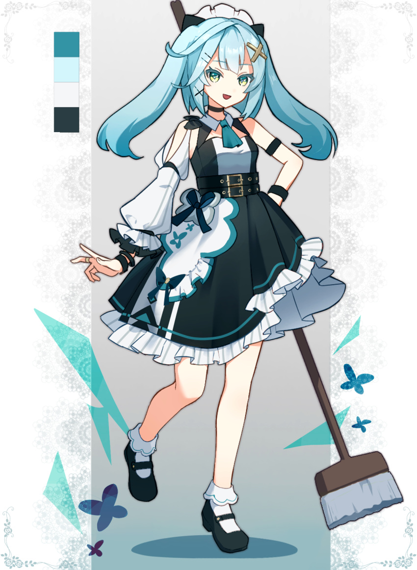 1girl, :d, alternate_costume, aqua_ascot, belt, black_dress, black_footwear, blue_hair