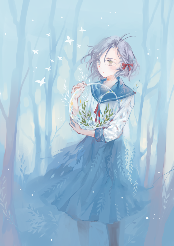 1girl, ahoge, bare_tree, blue_hair, blue_sailor_collar, blue_skirt, bow, bowl