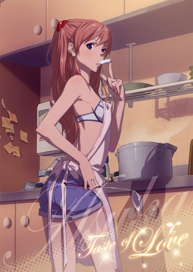 ass, bad_id, bare_shoulders, blue_eyes, bowl, bra, breasts, cooking