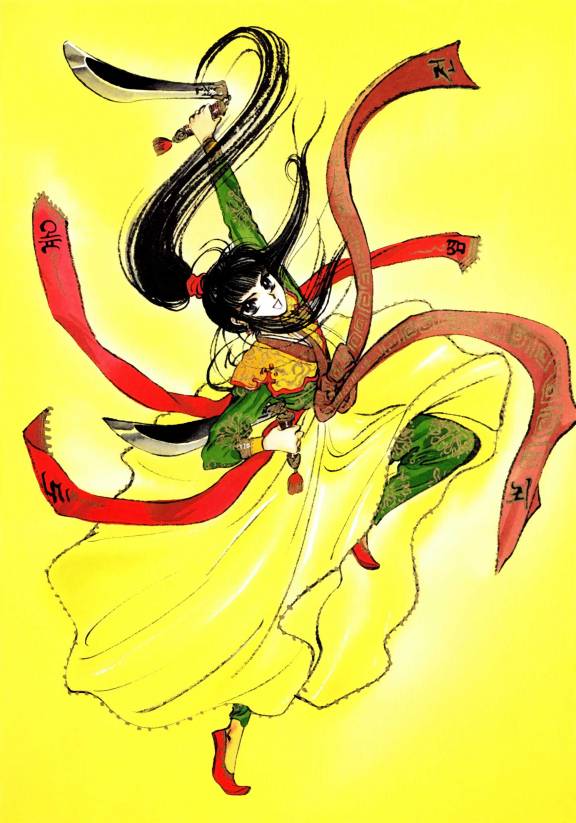 black_hair, chun_hyang, clamp, grey_eyes, korean_clothes, long_hair, ponytail, shin_shunka-den, solo, sword, very_long_hair, weapon