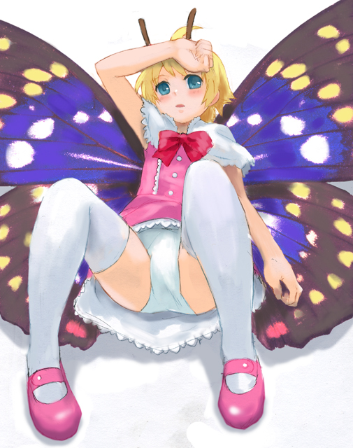 antennae, blonde_hair, blue_eyes, blush, bow, butterfly_wings, iwaya, on_back