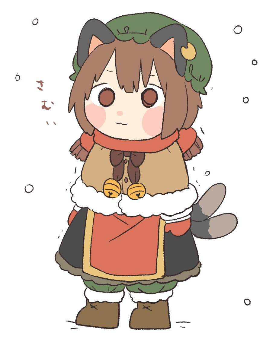1girl, :3, animal_ears, bell, black_skirt, blush, boots, brown_eyes