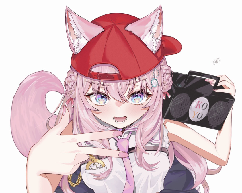 1girl, animal_ear_fluff, animal_ears, baseball_cap, boombox, braid, braided_bun, chemical_structure