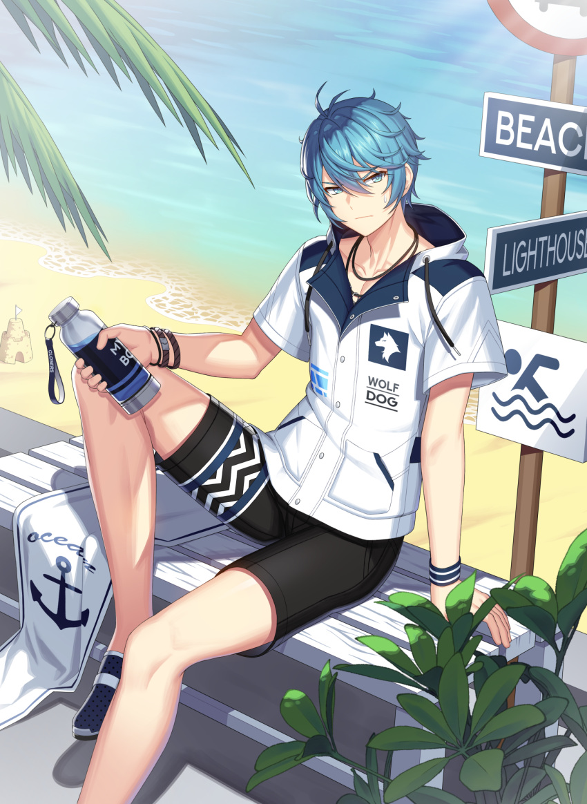1boy, ahoge, arm_support, bare_legs, beach, black_footwear, black_shorts, blue_eyes