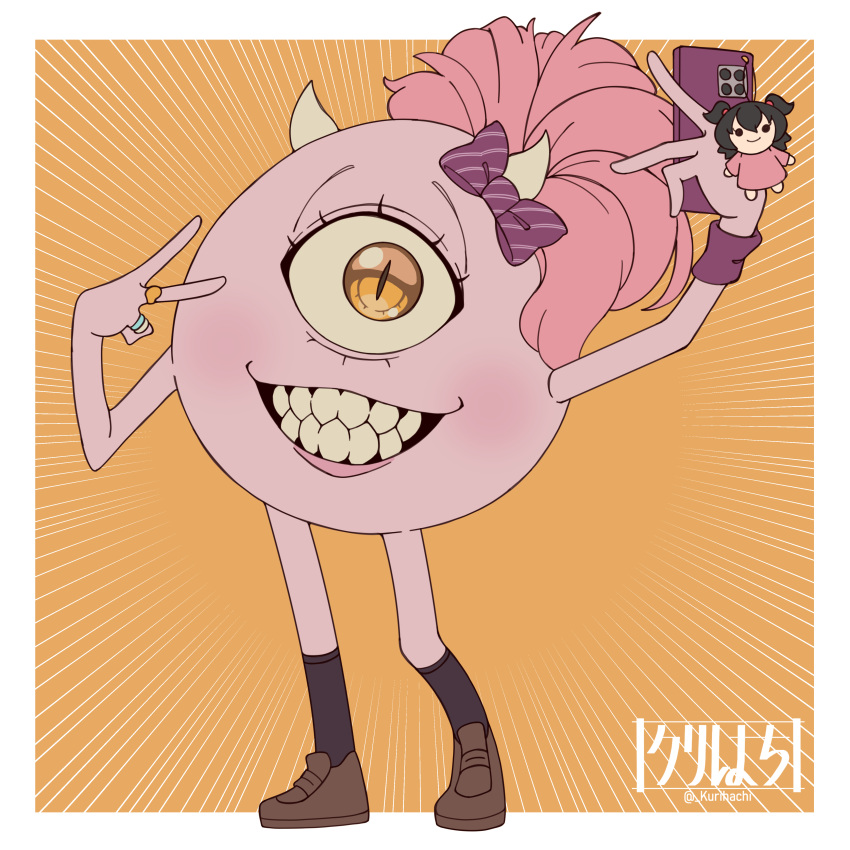 1girl, a-1_pictures, absurdres, bandai-namco_entertainment, black_socks, boo_(monsters_inc.), bow, brown_footwear, cellphone, colored_skin, cyclops, disney, emphasis_lines, grin, highres, holding, holding_phone, horns, idolmaster, idolmaster_cinderella_girls, jewelry, jougasaki_mika, kneehighs, kurihachi, looking_at_viewer, mike_wazowski, monster, monsterification, monsters_inc., name_connection, one-eyed, parody, phone, pink_hair, pink_skin, pixar, pun, ring, selfie, sharp_teeth, slit_pupils, smartphone, smile, socks, solo, standing, teeth, v, what, yellow_eyes