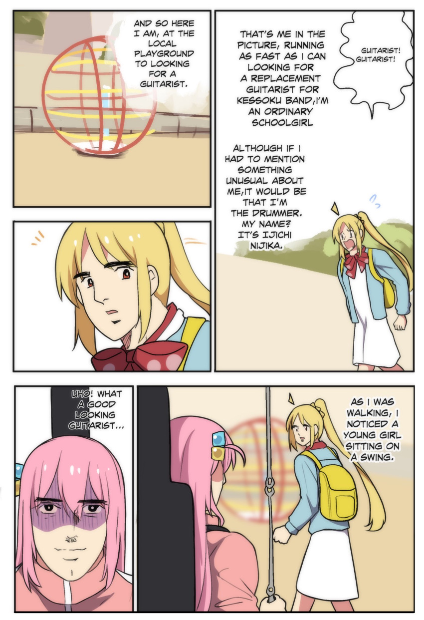 2girls, backpack, bag, blonde_hair, blurry, bocchi_the_rock!, bow, bowtie