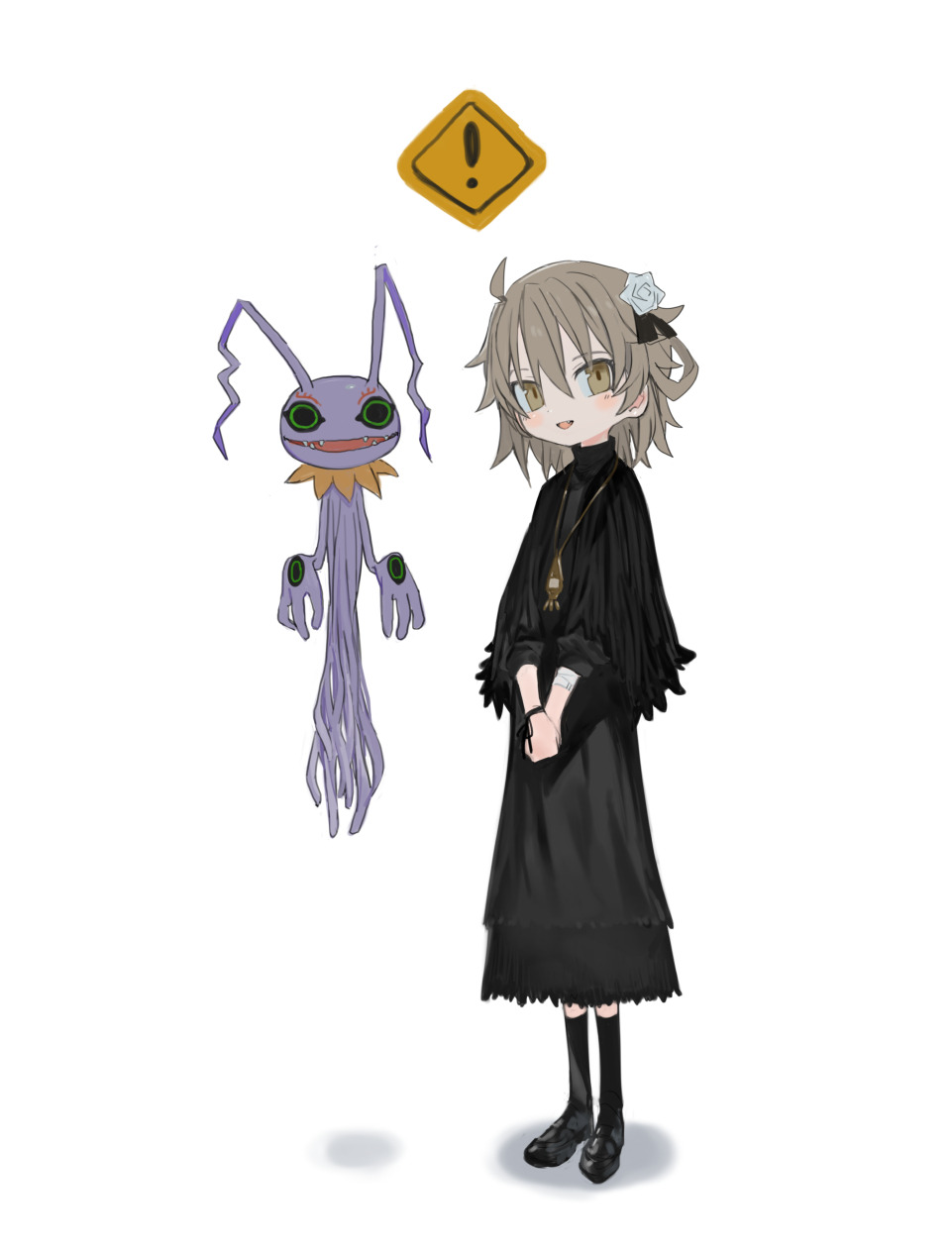 1girl, ahoge, alternate_costume, black_capelet, black_dress, black_footwear, black_ribbon, black_socks