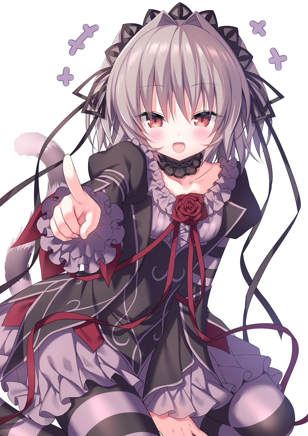 +++, 1girl, :d, between_legs, black_dress, black_jacket, blush, brown_eyes, cat_tail, collarbone, commentary_request, commission, dress, flower, frilled_dress, frilled_sleeves, frills, grey_hair, hair_between_eyes, hair_intakes, hand_between_legs, highres, jacket, juliet_sleeves, long_sleeves, original, outstretched_arm, pantyhose, pixiv_commission, pointing, pointing_at_viewer, puffy_sleeves, red_flower, red_rose, rose, sacraneco, simple_background, smile, solo, striped, striped_pantyhose, striped_tail, tail, white_background