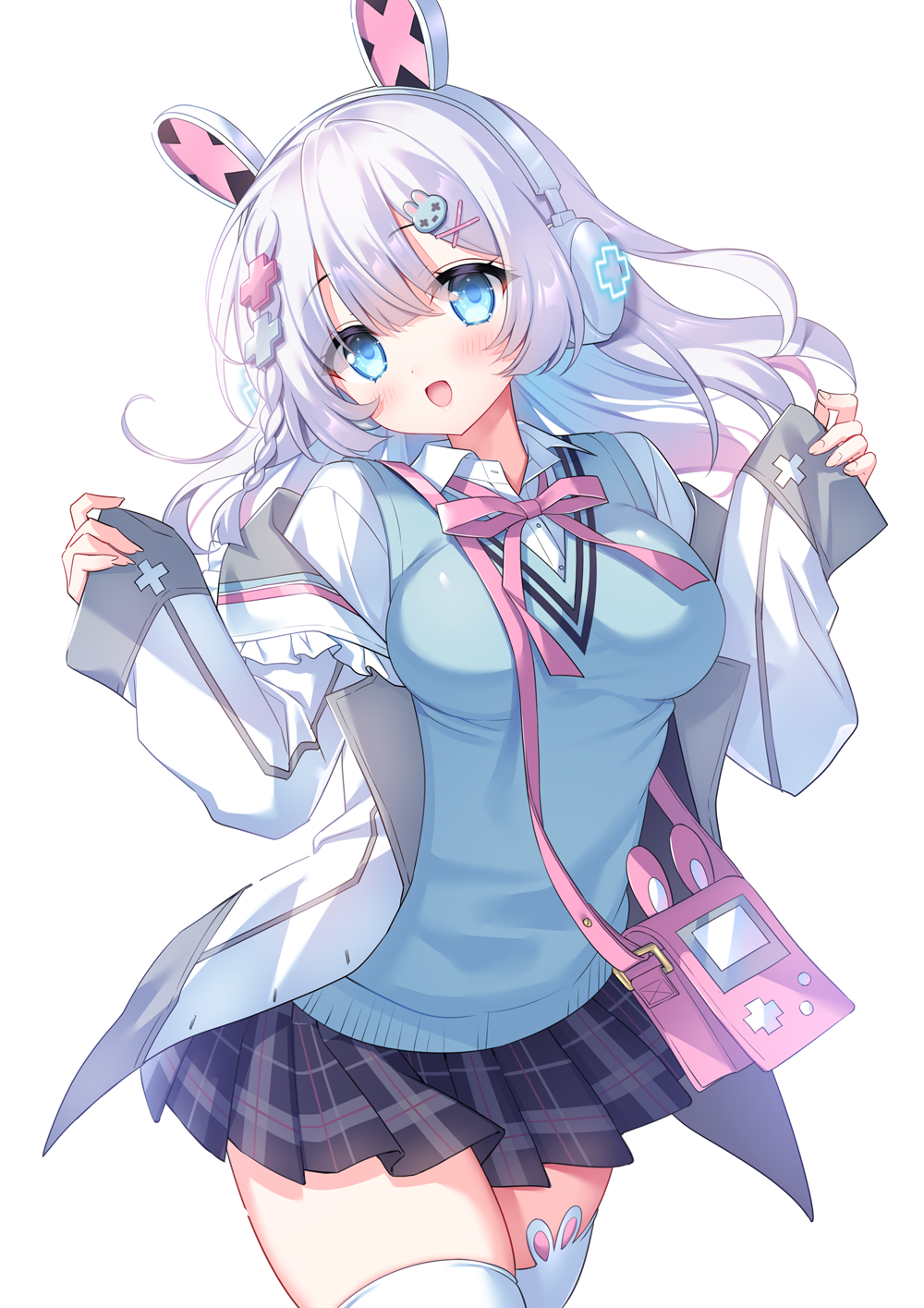 1girl, :d, animal_ear_headphones, animal_ear_legwear, animal_ears, bag, black_skirt, blue_eyes