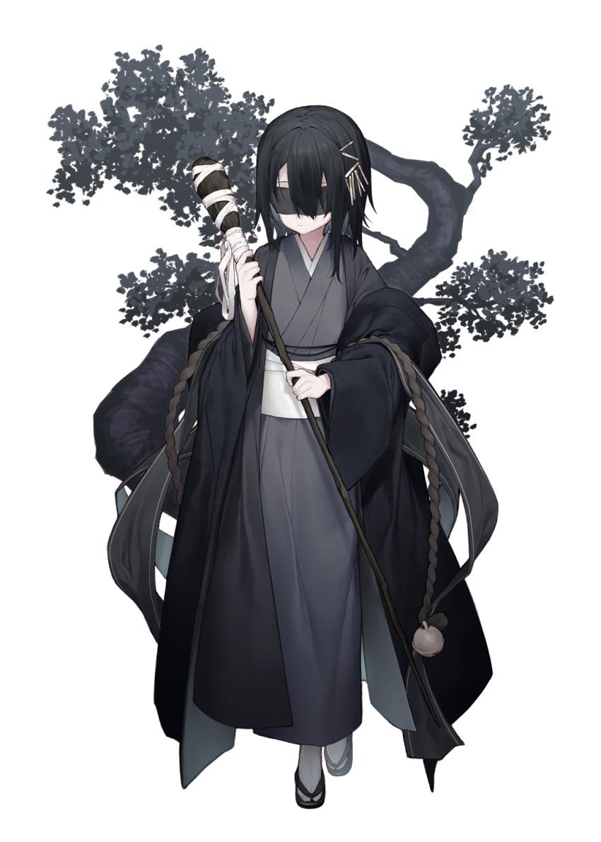1girl, black_footwear, black_hair, blindfold, closed_mouth, commentary_request, facing_viewer, grey_kimono