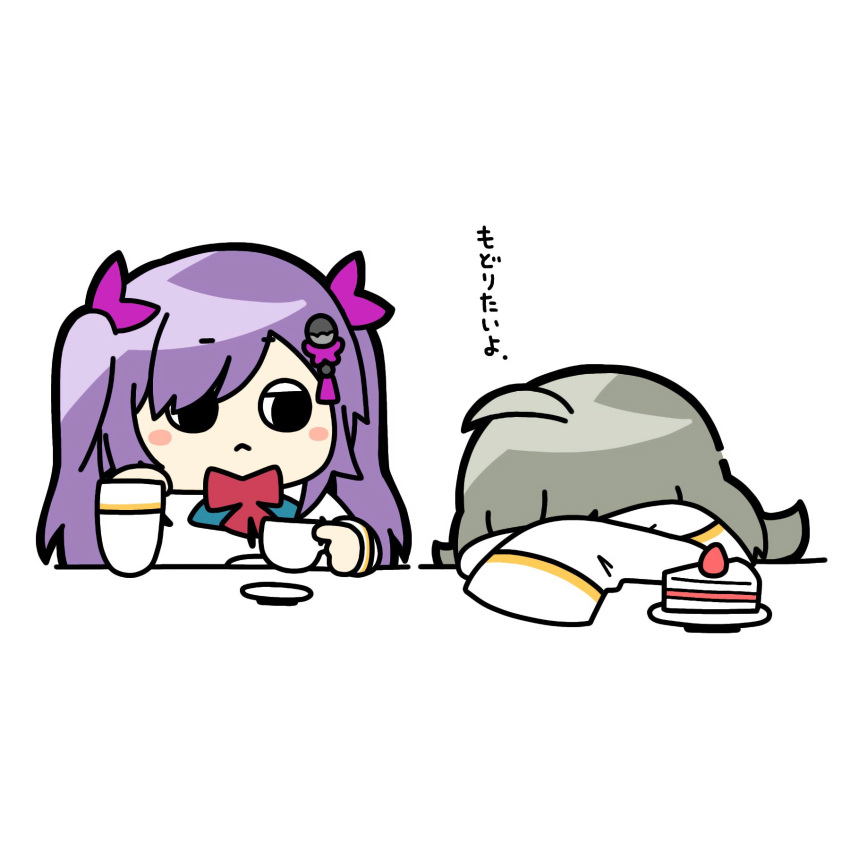 2girls, :<, ahoge, arms_on_table, assault_lily, blush, bow, bowtie