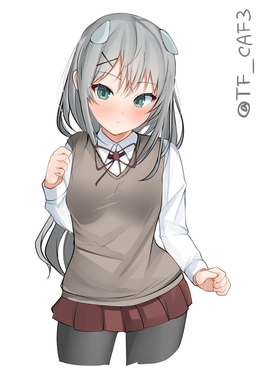1girl, absurdres, alternate_costume, black_pantyhose, brown_skirt, collared_shirt, cowboy_shot, cropped_legs