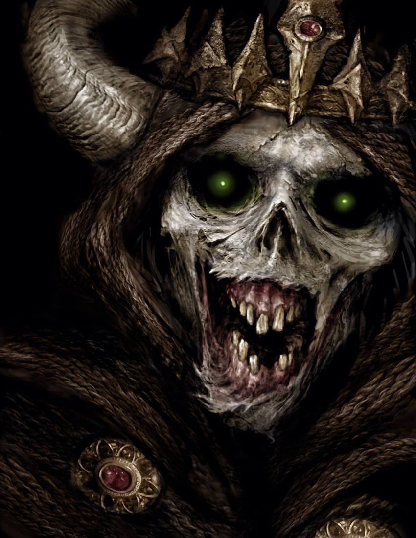 1boy, adventure_time, black_robe, crown, evil_smile, glowing, glowing_eyes, green_eyes, highres, hood, hood_up, horns, horror_(theme), lich_(adventure_time), male_focus, open_mouth, robe, skull, smile, solo, teeth, upper_body, womack_art