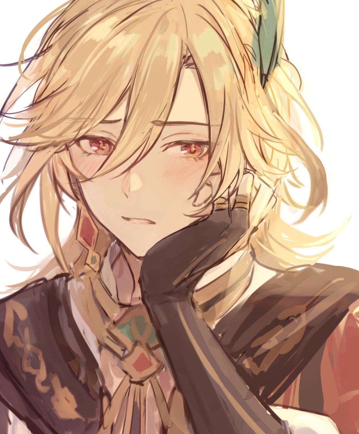 1boy, bishounen, black_gloves, blonde_hair, earrings, elbow_gloves, feather_hair_ornament, feathers