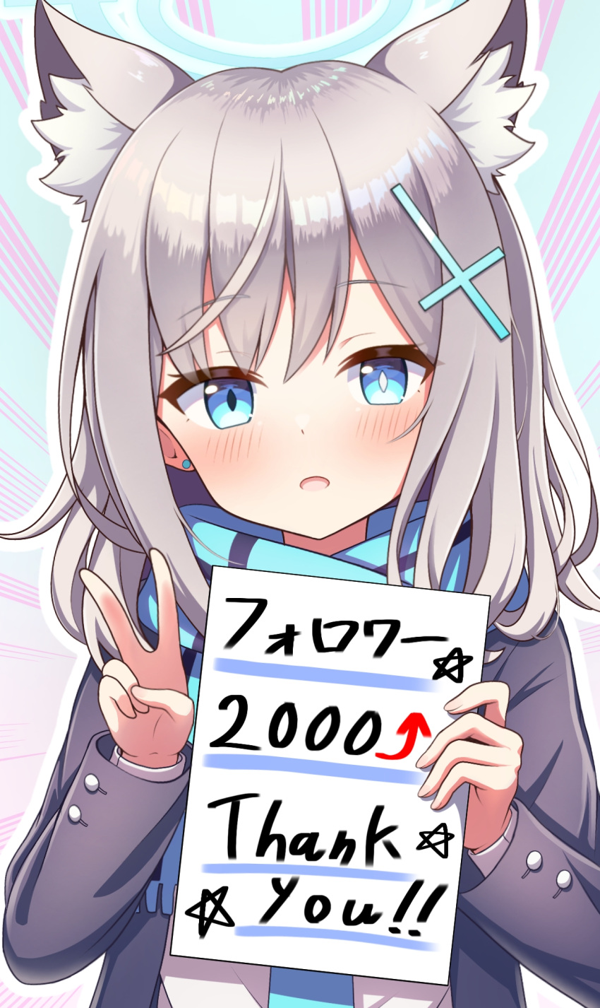 1girl, animal_ear_fluff, animal_ears, blue_archive, blue_eyes, blue_scarf, cross_hair_ornament, extra_ears