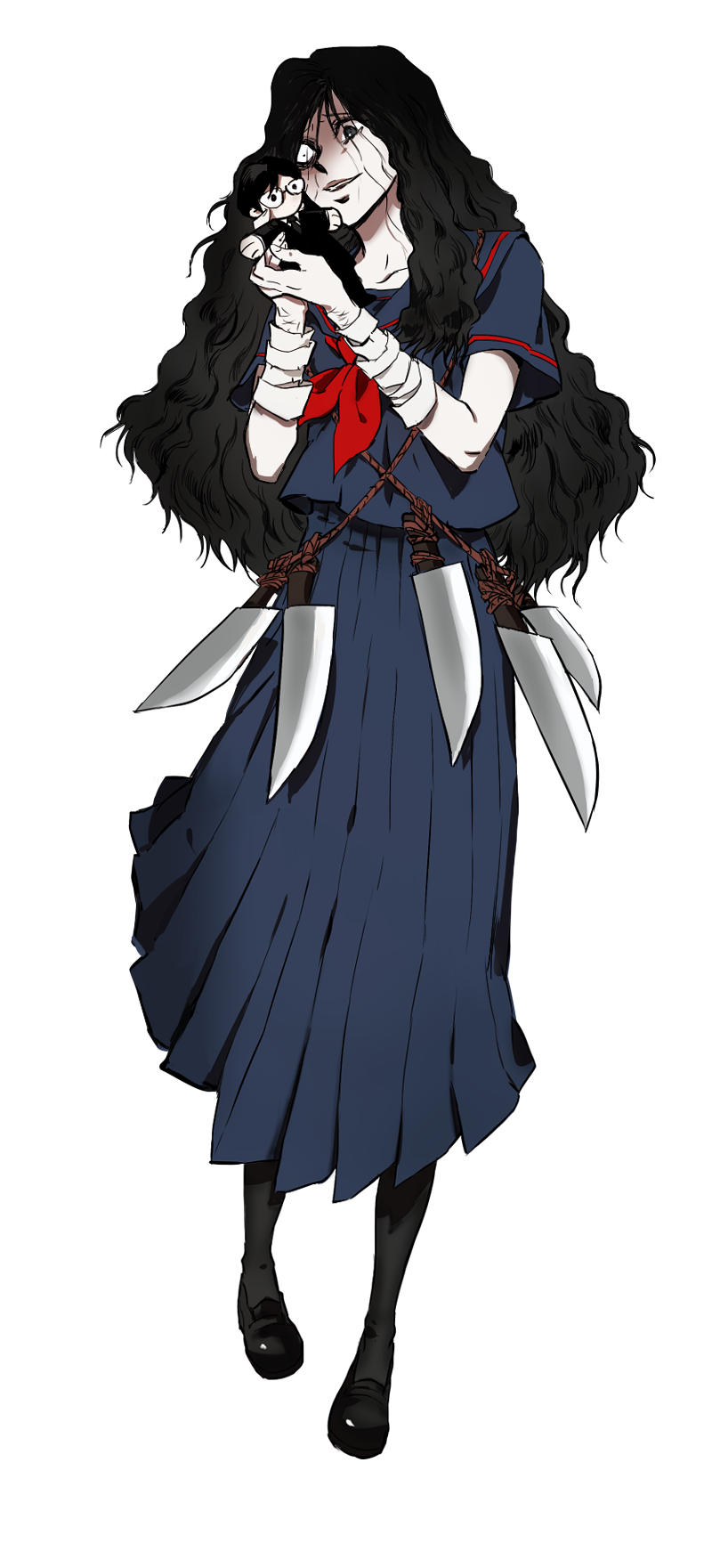 1girl, black_hair, character_doll, crazy_eyes, doll, dress, evil_smile, full_body