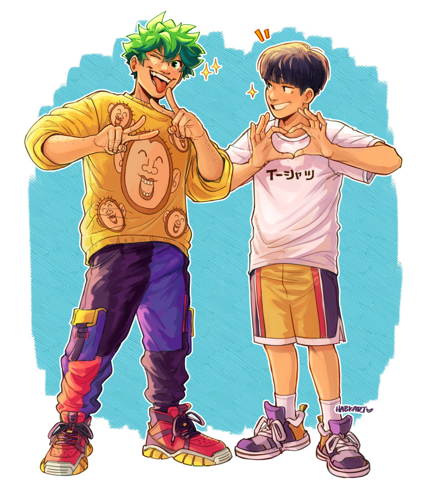 2boys, alternate_costume, animal_print, black_hair, blue_background, boku_no_hero_academia, clothes_writing, commentary