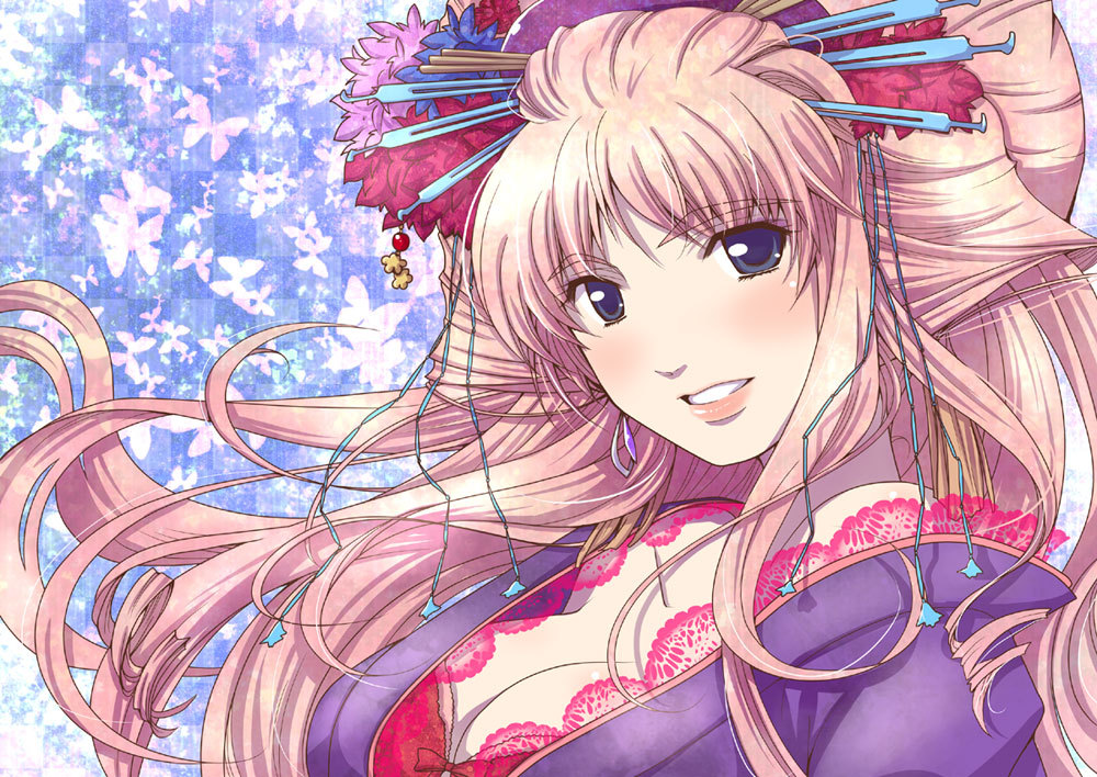 blue_eyes, breasts, cleavage, earrings, hair_ornament, jewelry, long_hair, macross