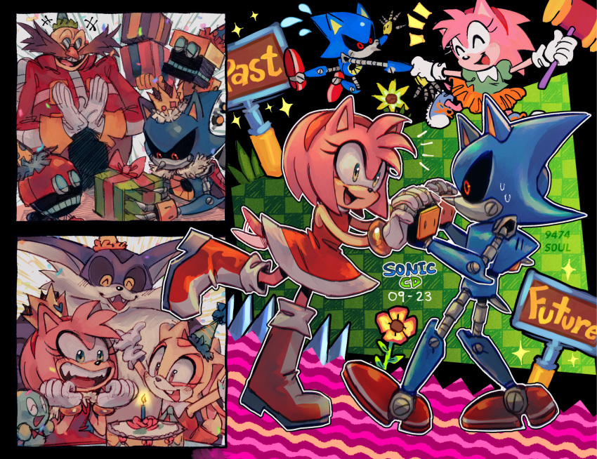 2girls, 3boys, 9474s0ul, amy_rose, animal_ears, big_the_cat, birthday, blush