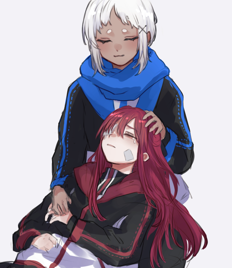 2girls, aya_(limbus_company), bandage_on_face, bandage_over_one_eye, bandages, black_jacket, black_pants, black_shirt