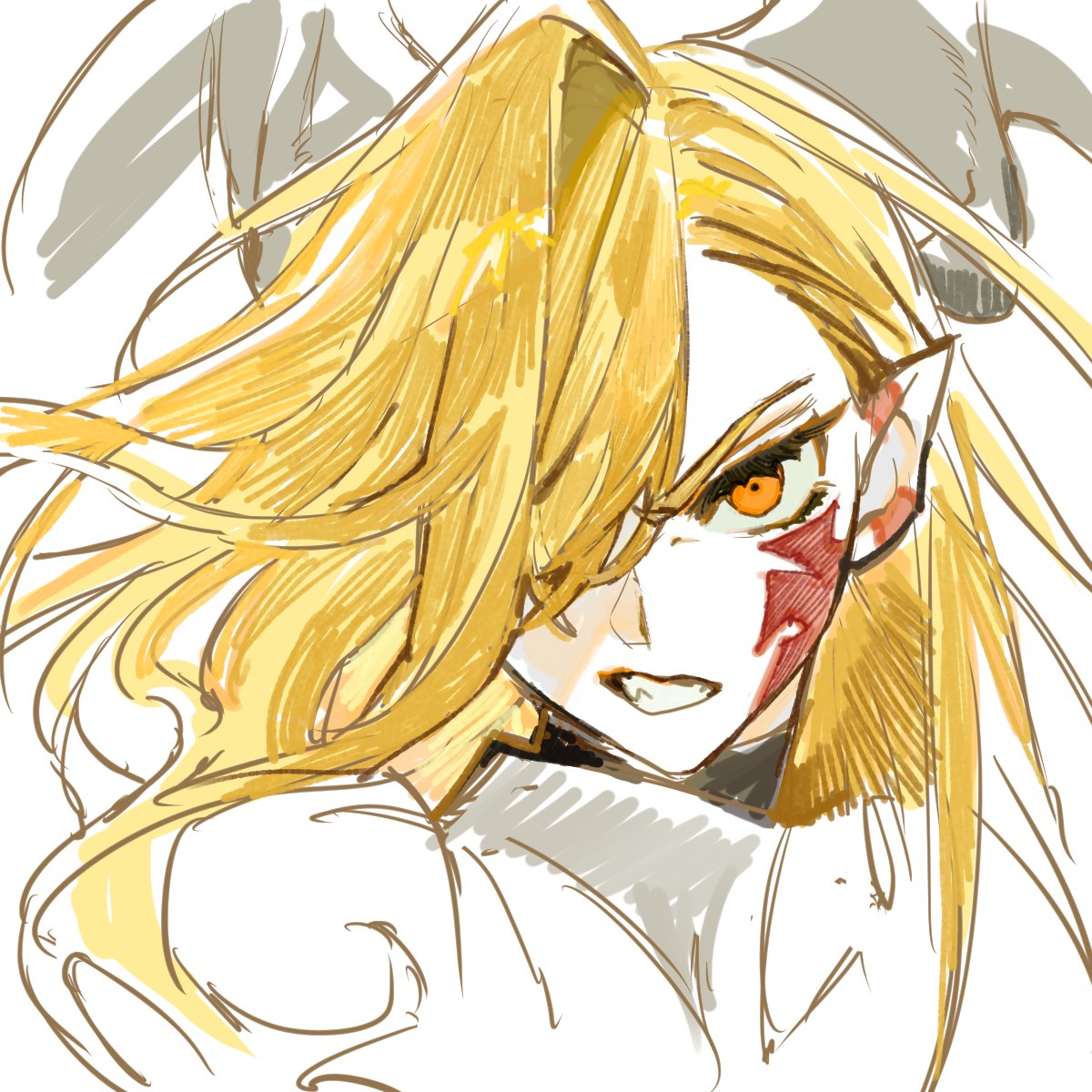 1girl, angry, blonde_hair, d4g0n, dragon_horns, facial_mark, fate/grand_order, fate_(series)