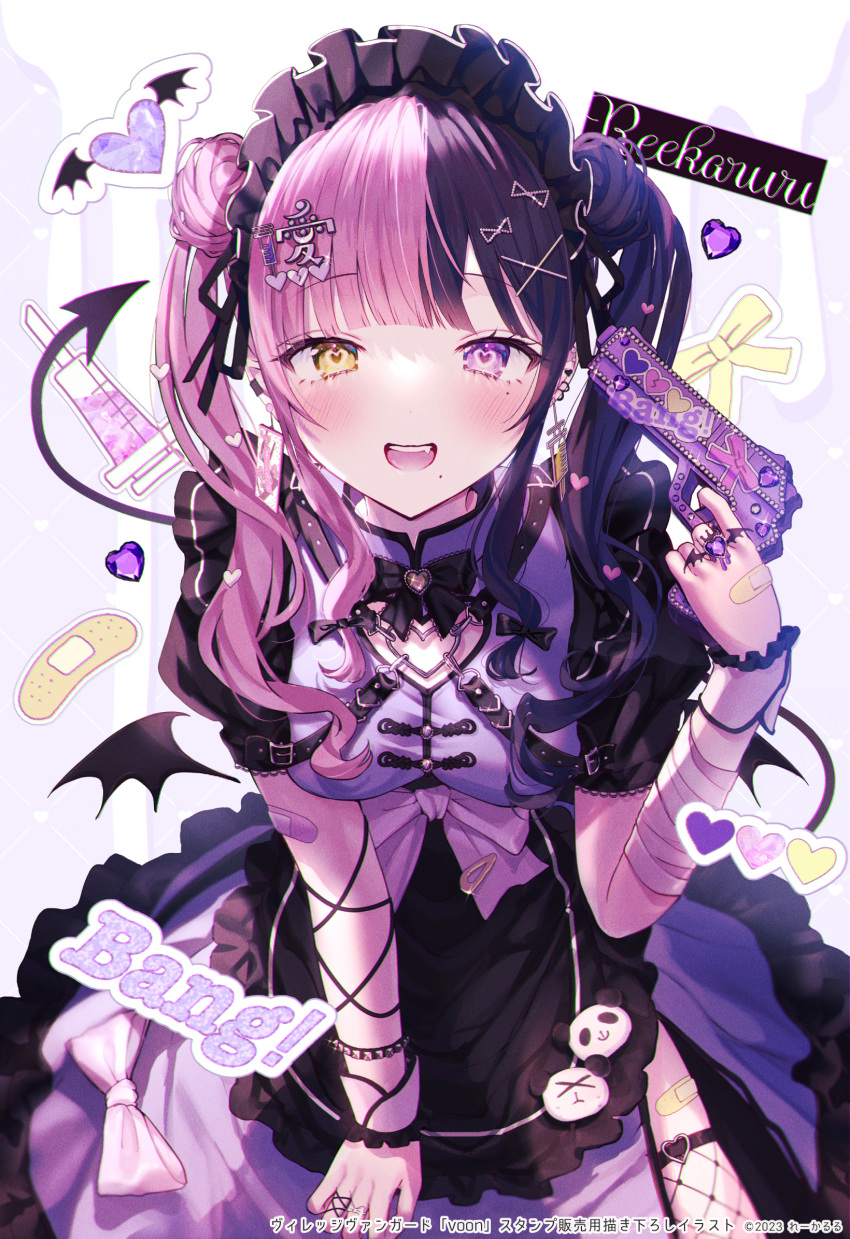 1girl, animal_print, arm_wrap, bandaid, bear_print, black_hairband, black_shirt, blunt_bangs
