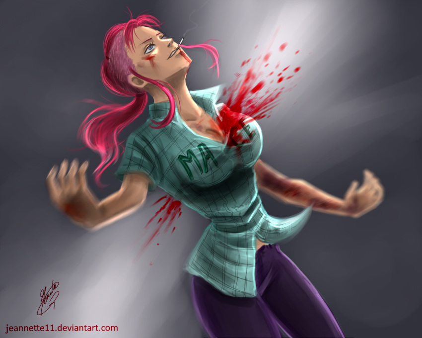 1girl, artist_name, bellemere, blood, blood_on_clothes, blood_on_face, cigarette, collarbone