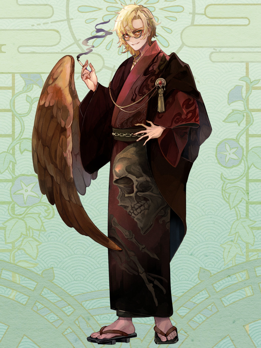 1boy, ashioka_kuraco, ayashika_saika, blonde_hair, dairoku_ryouhei, feathered_wings, full_body, geta