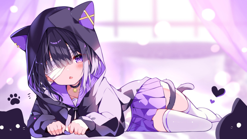 1girl, :<, animal_ears, animal_hood, bandage_over_one_eye, bell, black_hair, black_hoodie