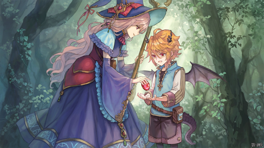 1boy, 1girl, :d, aged_down, belt, brown_hair, copyright_name, dairoku_ryouhei