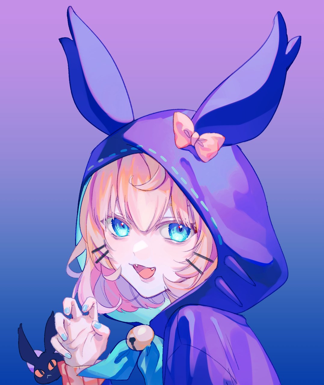 1girl, animal_hood, bell, black_eyes, blonde_hair, blue_eyes, blue_nails, blue_ribbon, bow, cat, claw_pose, colored_sclera, fangs, hair_between_eyes, highres, hood, looking_at_viewer, lucie_(millie_parfait), millie_parfait, nail_polish, nijisanji, nijisanji_en, orange_sclera, orange_sweater, ribbed_sweater, ribbon, senmi_(vvv_1864), short_hair, smile, solo, sweater, virtual_youtuber, yellow_bow