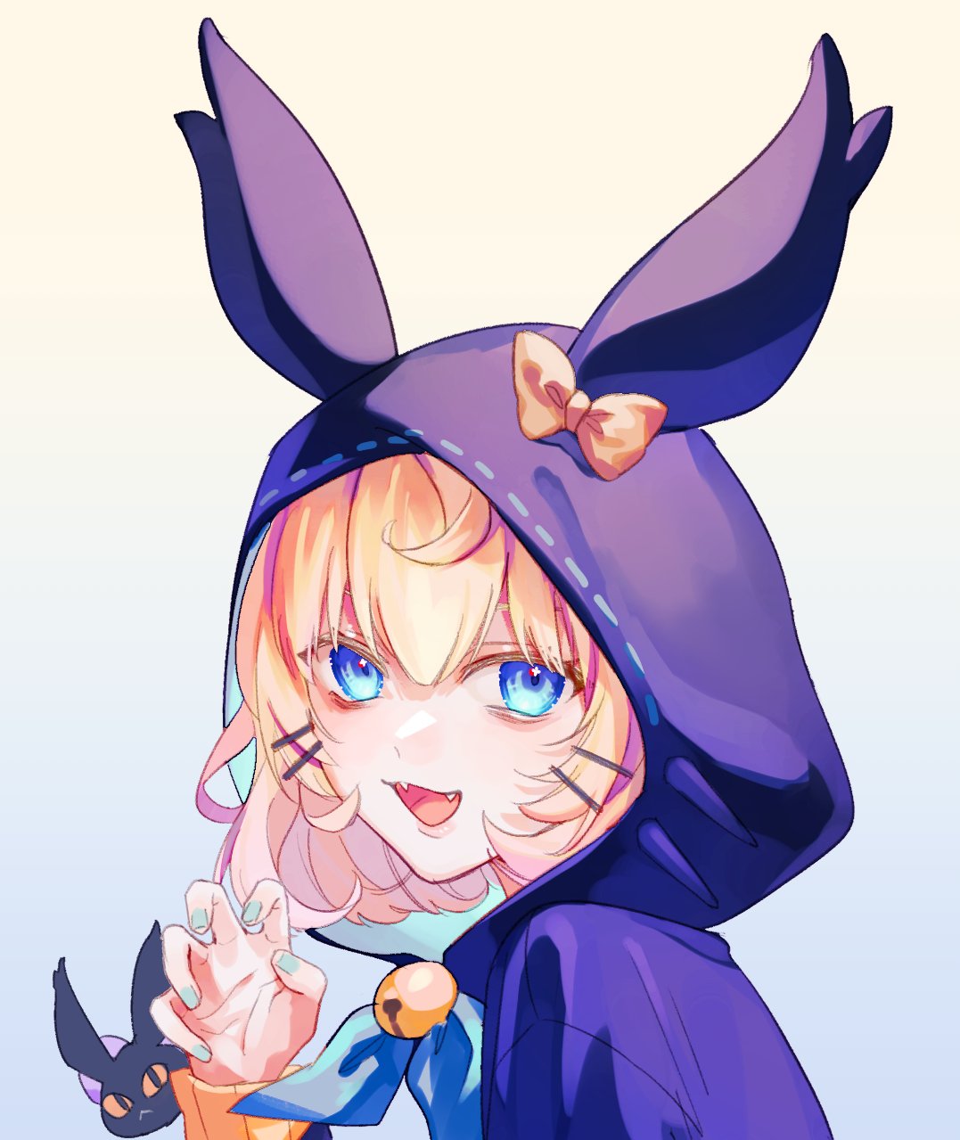 1girl, animal_hood, bell, black_eyes, blonde_hair, blue_eyes, blue_nails, blue_ribbon
