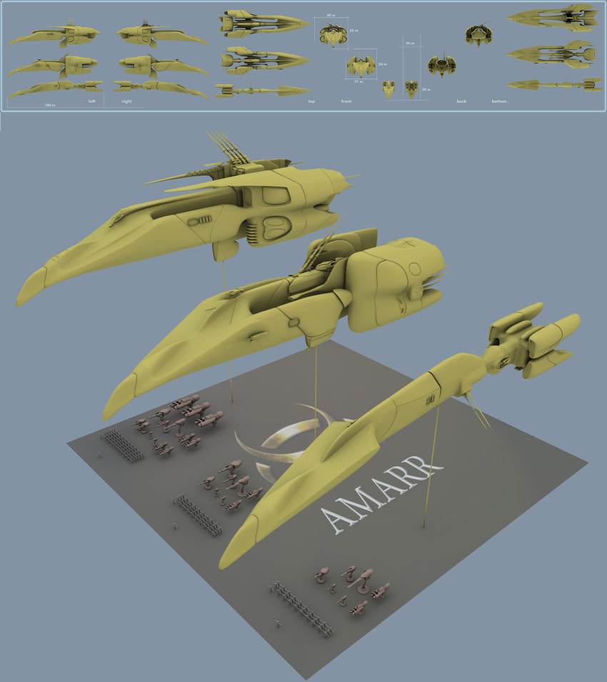 3d, 6+others, amarr_empire_(eve_online), ambiguous_gender, beam_cannon, cannon, commentary, concept_art, energy_cannon, eve_online, frigate_(eve_online), from_above, from_behind, from_below, from_side, grey_background, highres, laser_cannon, military, military_vehicle, multiple_others, multiple_views, original, pinarci, science_fiction, size_comparison, spacecraft, thrusters, turret, vehicle_focus