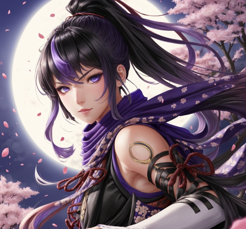 1girl, black_hair, colored_tips, kitsune_marks, kunimitsu_ii, kunoichi, lavender_eyes, moonlight