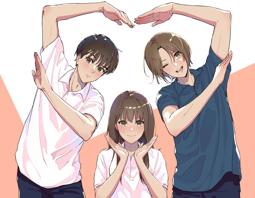 1girl, 2boys, absurdres, arms_up, black_pants, blue_shirt, blush, brown_eyes