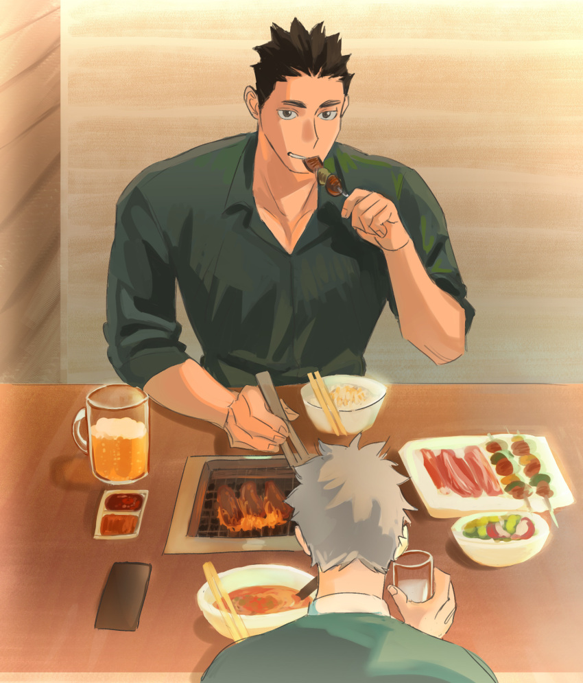 2boys, bacon, beer_mug, bowl, cellphone, chopsticks, coffetia, collared_shirt, cup, drink, eating, food, grill, haikyuu!!, highres, looking_back, male_focus, meat, mug, multiple_boys, phone, restaurant, salad, sawamura_daichi, shirt, smartphone, sugawara_koushi, table