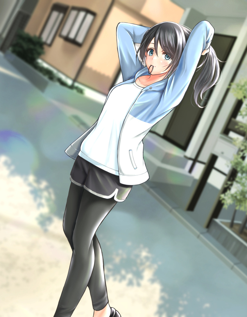 1girl, adjusting_hair, awazake_(2wairu), black_footwear, black_hair, black_leggings, black_shorts, blue_eyes