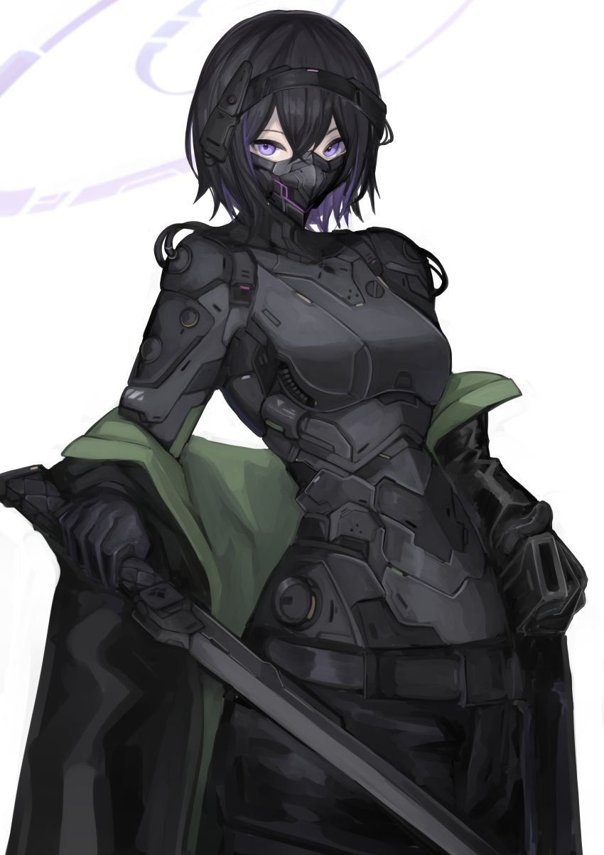1girl, absurdres, aokuma_(yuuran_create), armored_bodysuit, black_hair, bodysuit, bodysuit_under_clothes, cable
