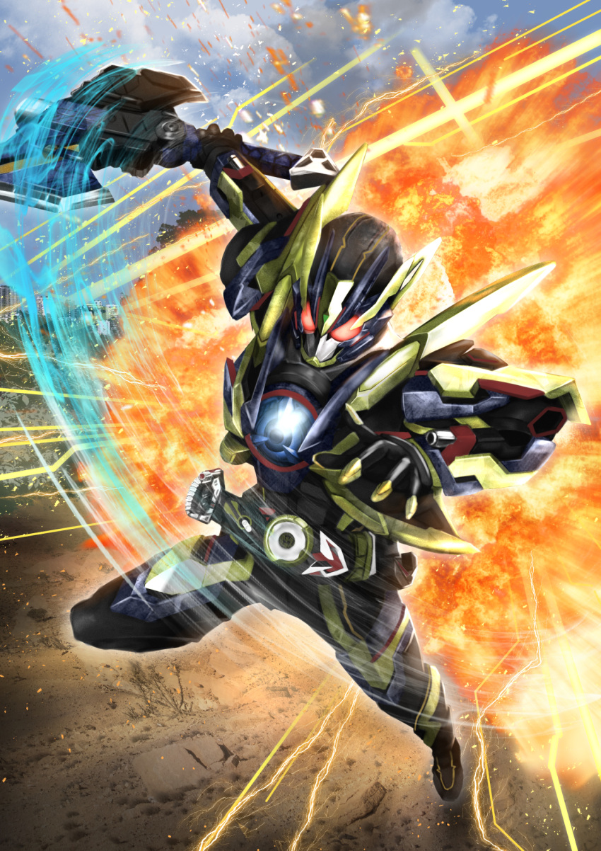 1boy, alternate_costume, antennae, armor, authorise_buster, axe, belt, blue_armor, blue_sky, bug, dated, debris, explosion, finishing_move, forest, gloves, glowing, glowing_eyes, grasshopper, green_armor, helmet, highres, kamen_rider, kamen_rider_01_(series), kamen_rider_zero-one, light, lightning, male_focus, motion_blur, nature, open_hand, power_armor, profile, red_eyes, rider_belt, shining_assault_hopper, signature, sky, slashing, solo, thrusters, tsubasansan, zero_one_driver