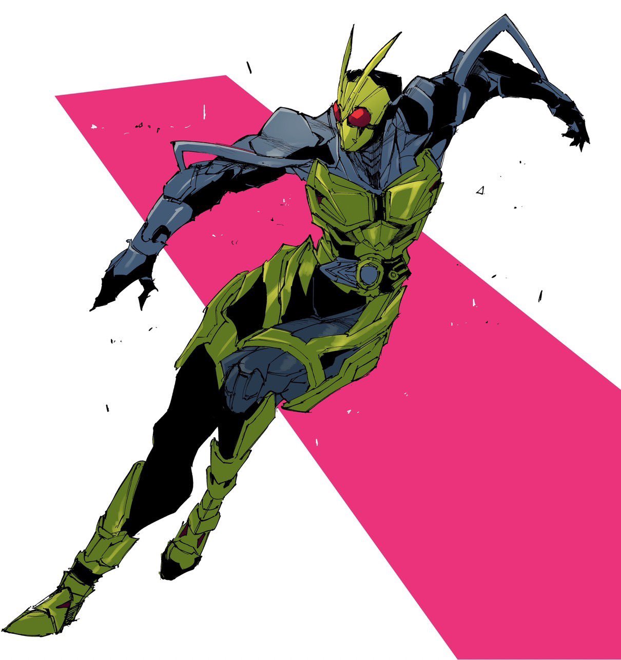 1boy, antennae, armor, belt, black_armor, black_footwear, black_gloves, bodysuit, boots, bug, commentary_request, driver_(kamen_rider), gloves, green_armor, highres, ichitaka_(1015ichitaka), kamen_rider, kamen_rider_01_(series), kamen_rider_zero-one, male_focus, pink_background, rider_belt, rising_hopper, running, superhero_landing, tokusatsu, two-tone_background, weapon, white_background, zero_one_driver