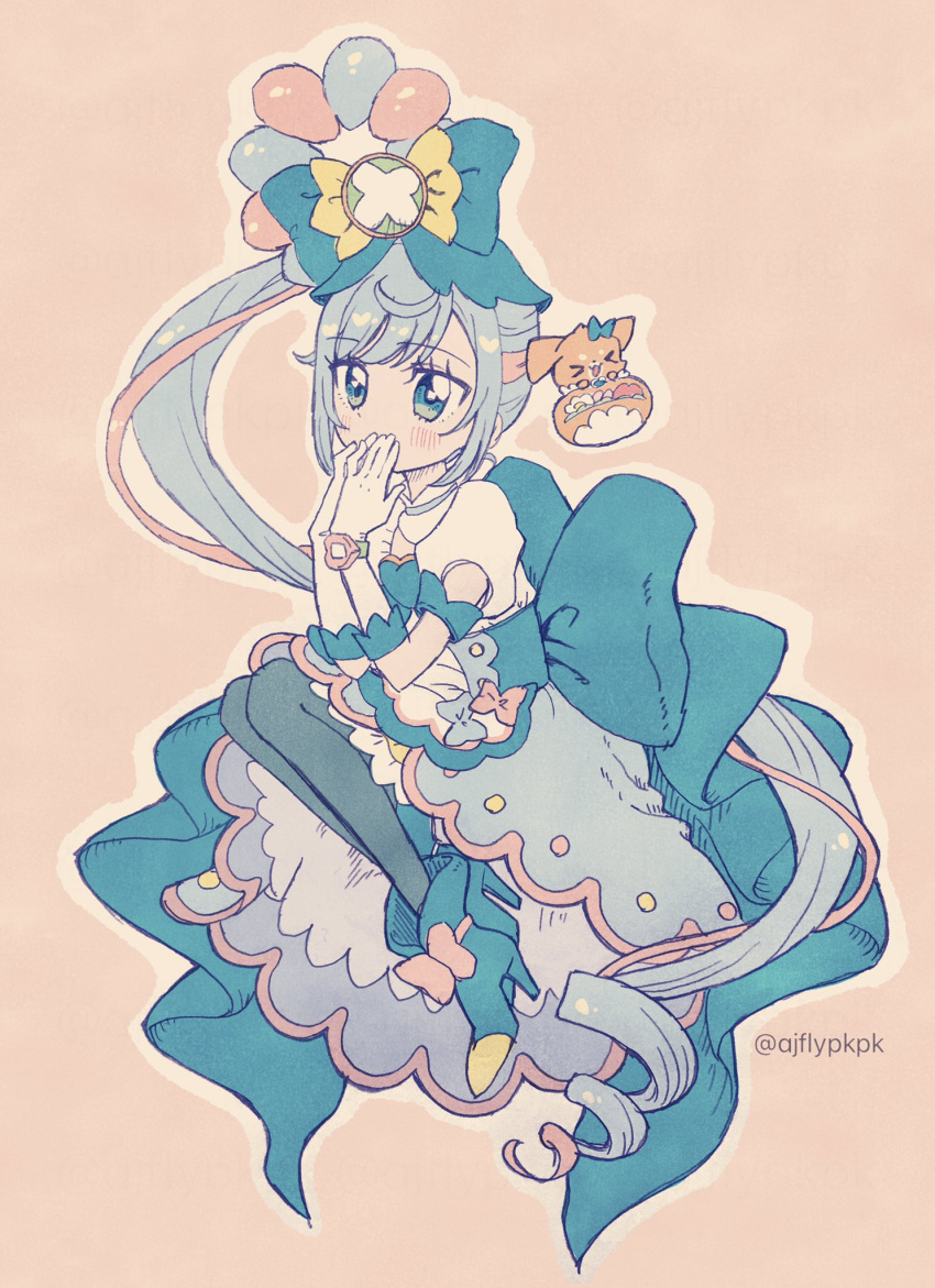 1girl, aji_fry, apron, back_bow, blue_bow, blue_eyes, blue_footwear, blue_hair