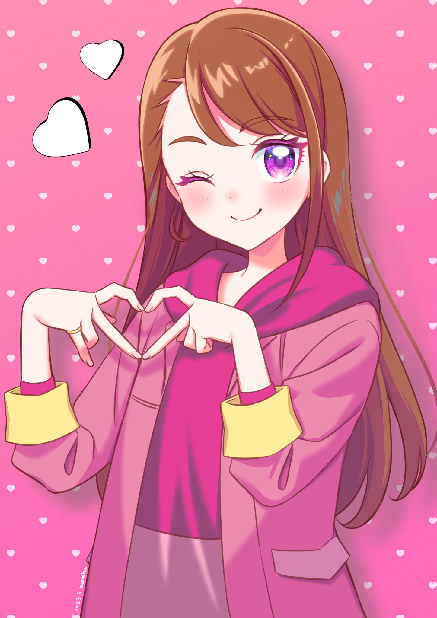 1girl, ;), asymmetrical_bangs, blush, brown_hair, bun_(jewd5385), heart, heart_hands