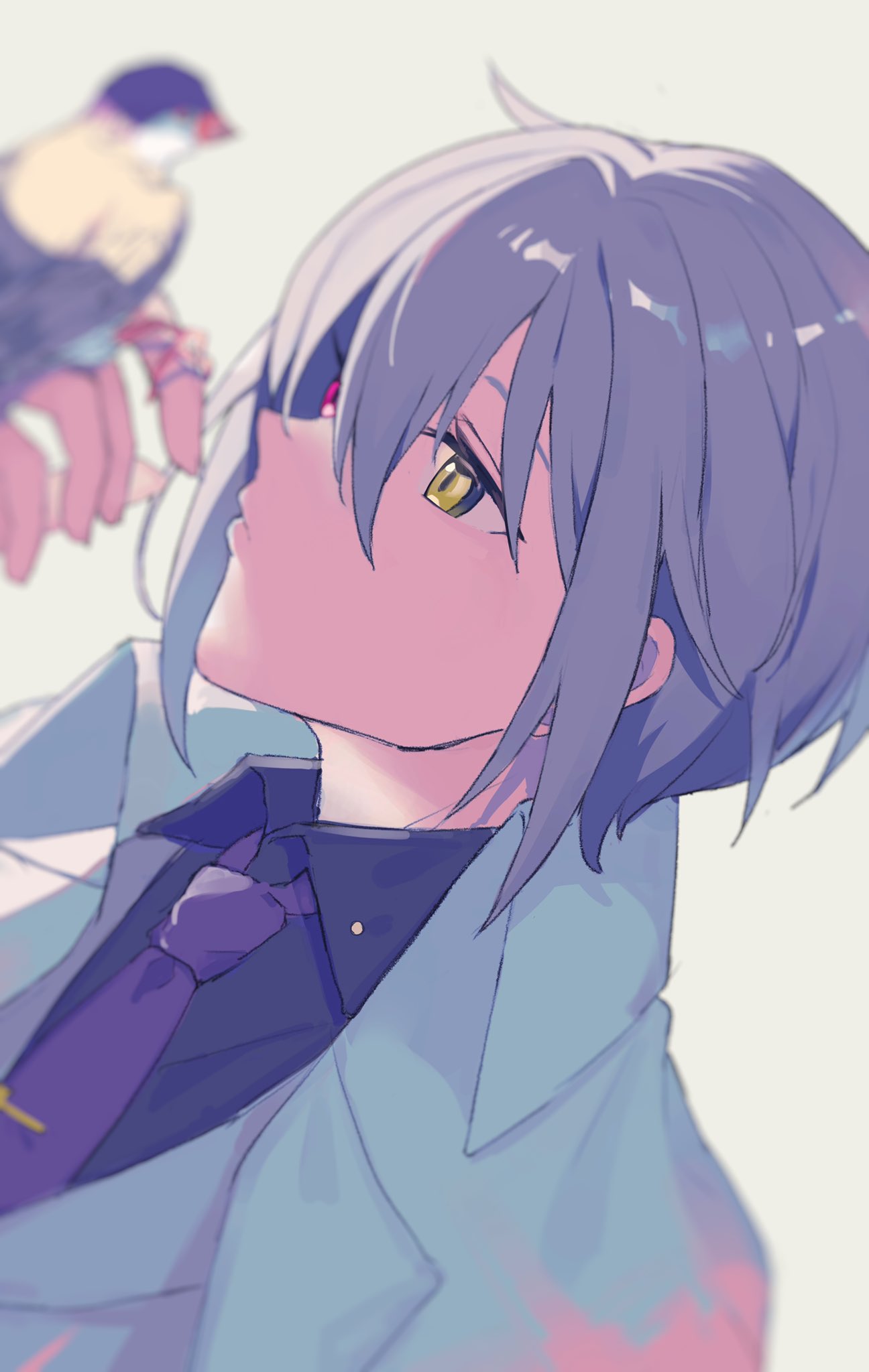 1boy, bird, bird_on_hand, black_shirt, closed_mouth, collared_shirt, facing_to_the_side, grey_hair