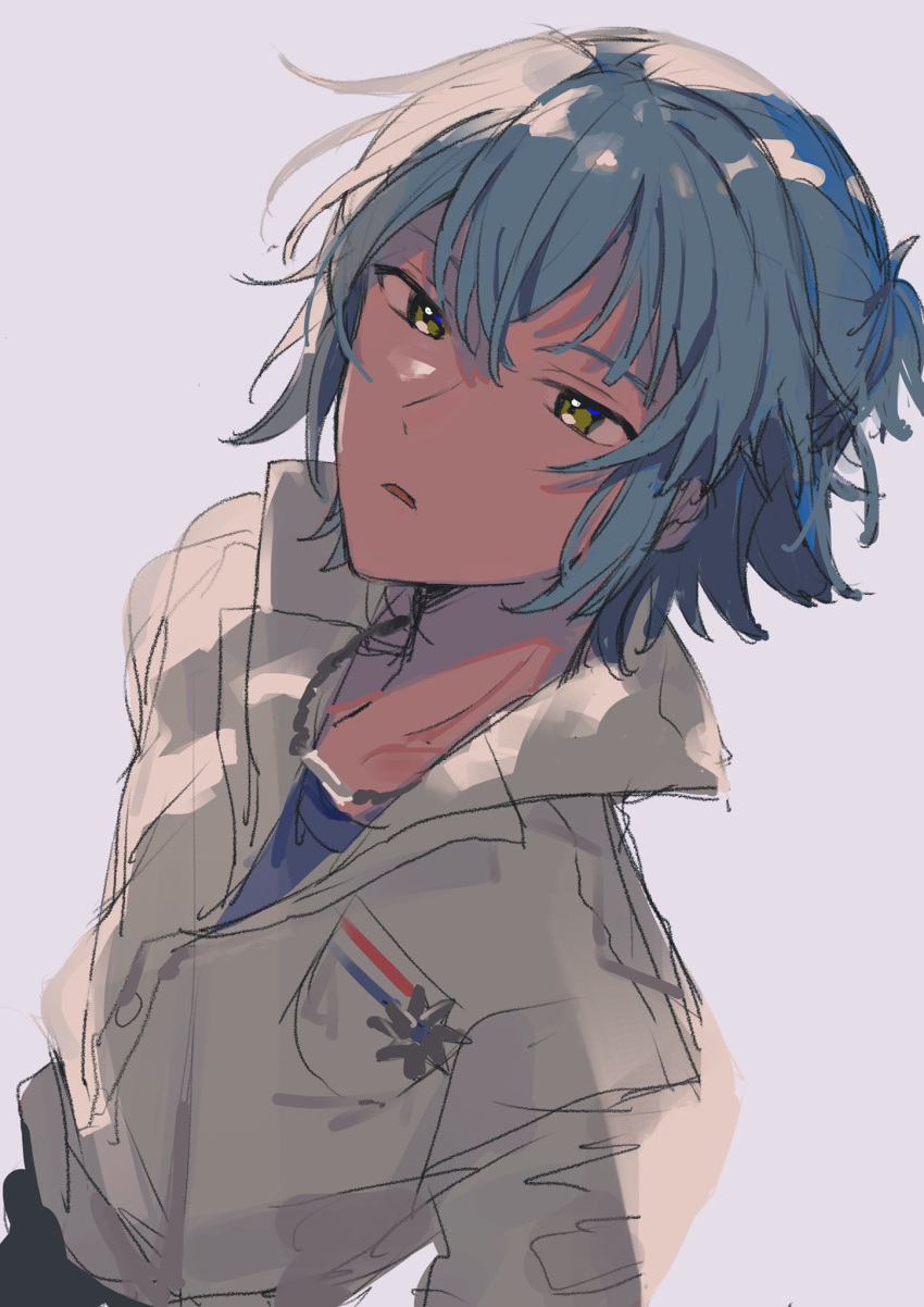 1boy, black_pants, blue_hair, blue_shirt, half_updo, highres, jacket, jewelry