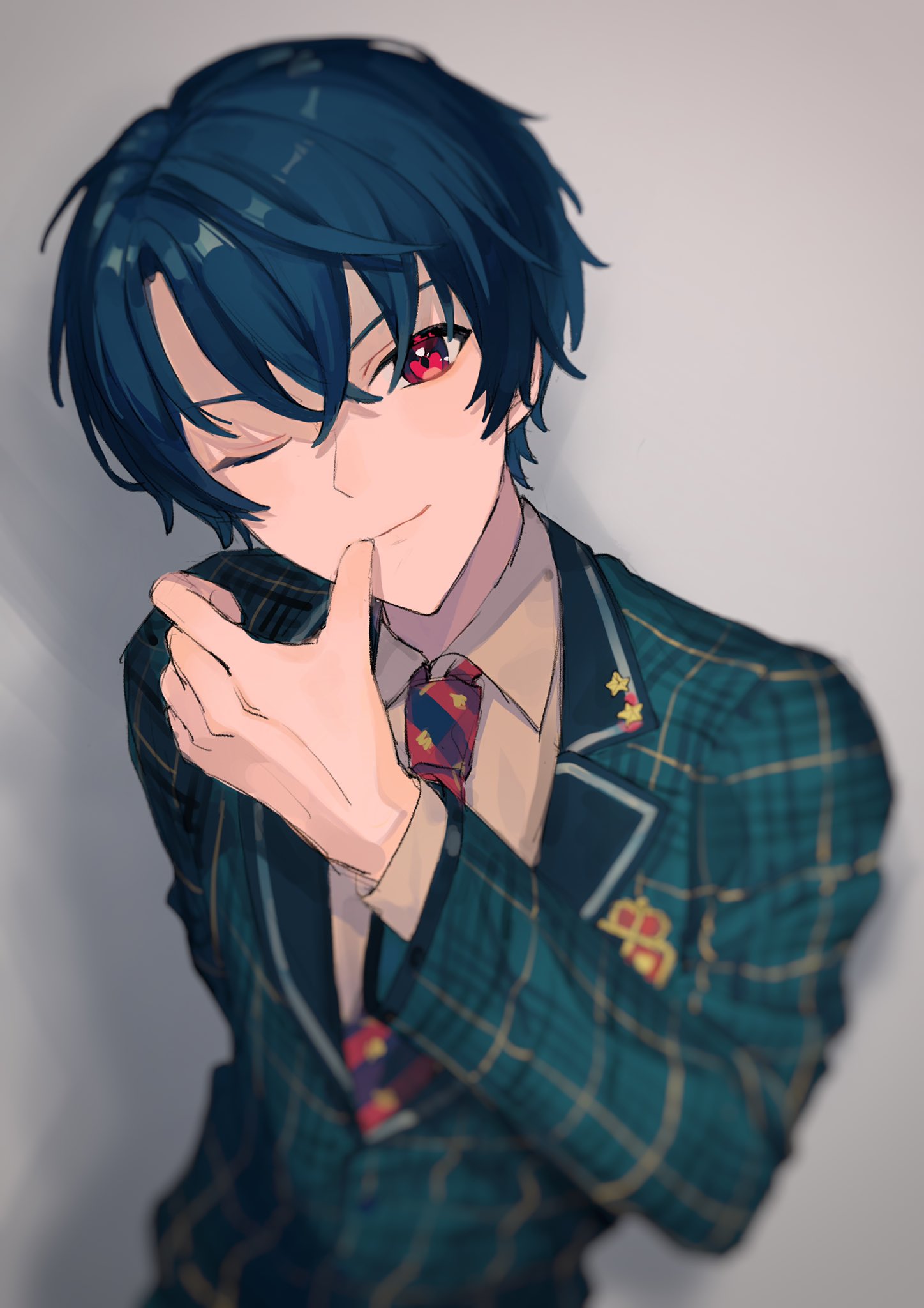 1boy, black_hair, black_necktie, closed_mouth, collared_shirt, green_jacket, highres, jacket