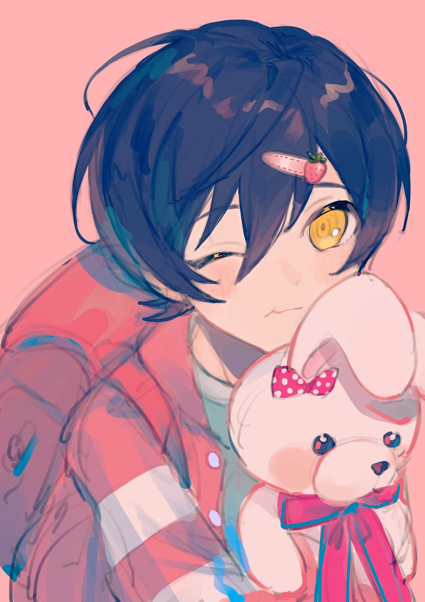 1boy, backpack, bag, black_hair, blush, closed_mouth, green_shirt, highres