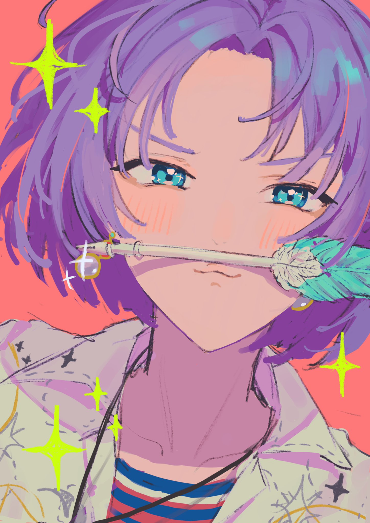 1boy, :3, blue_eyes, blue_shirt, blush, closed_mouth, earrings, highres