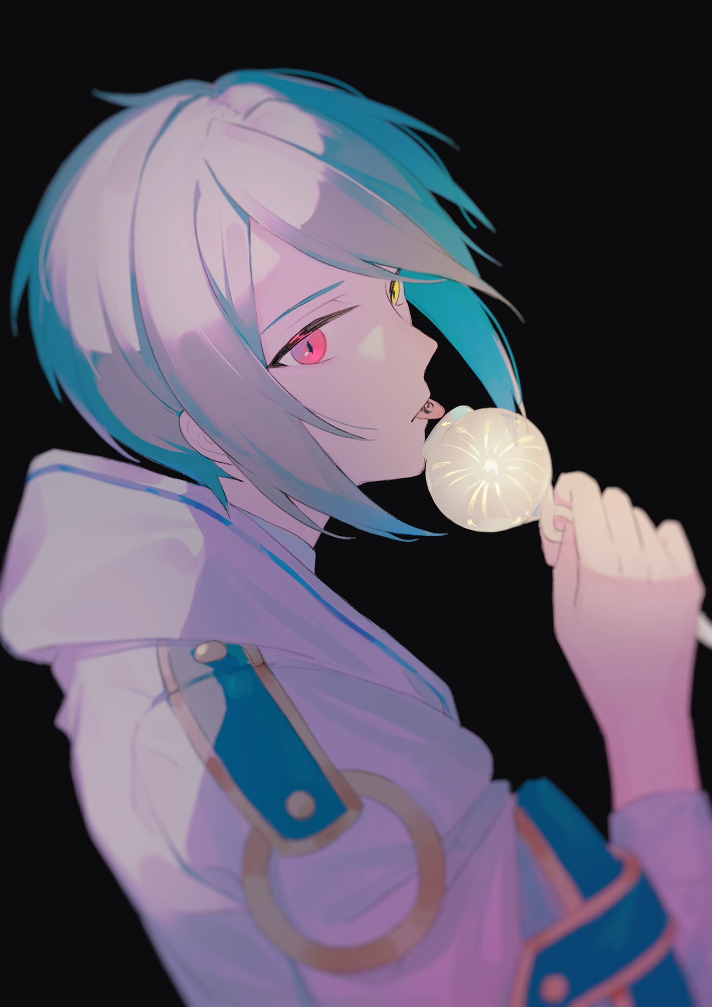 1boy, black_hair, candy, food, grey_hair, heterochromia, highres, holding