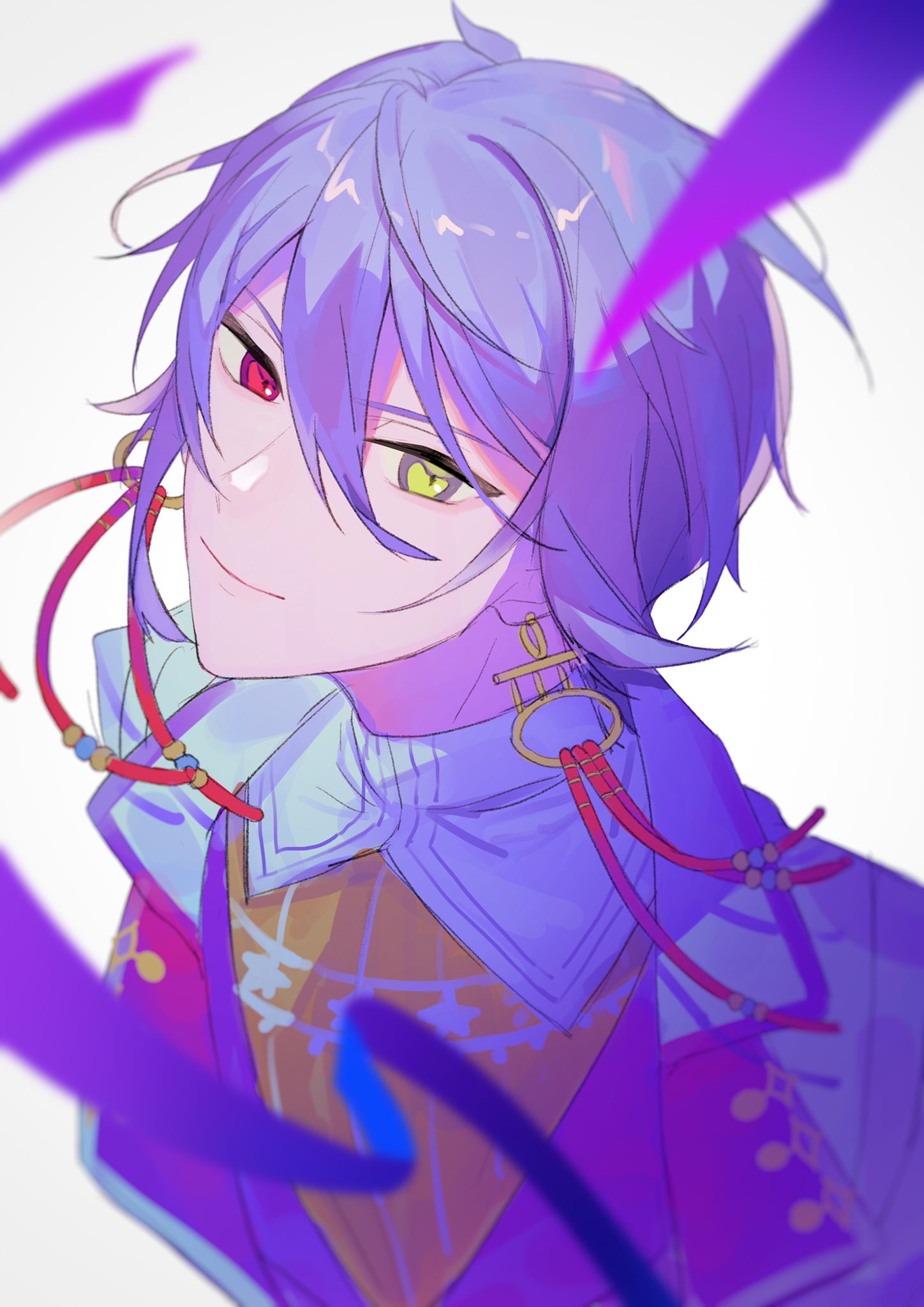 1boy, closed_mouth, earrings, grey_hair, heterochromia, highres, jacket, jewelry, looking_at_viewer, mahoutsukai_no_yakusoku, male_focus, multicolored_shirt, orange_shirt, owen_(mahoutsukai_no_yakusoku), piza-chan, red_eyes, shirt, short_hair, smile, solo, white_background, white_jacket, white_shirt, yellow_eyes