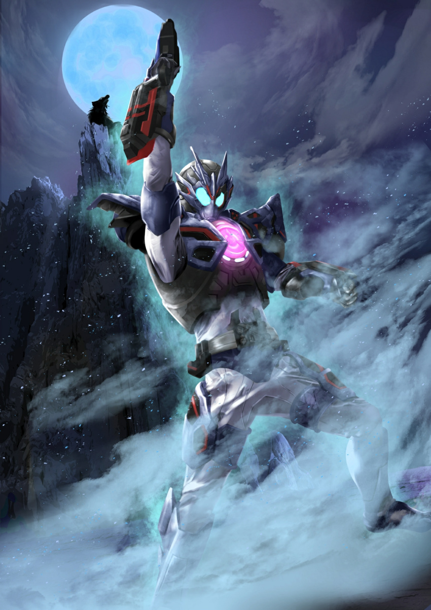 1boy, aqua_eyes, arm_guards, armor, assault_wolf, black_armor, blue_eyes, body_armor